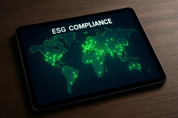 A dark tablet lies on a wooden surface displaying a glowing world map labeled “ESG COMPLIANCE.”