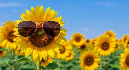 Bright sunflower wearing stylish sunglasses stands out among a vibrant field of sunflowers under a clear blue sky, showcasing a cheerful and playful summer atmosphere