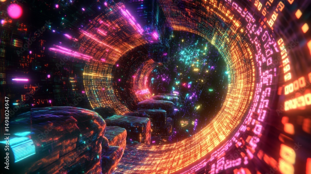 Poster exploring a glowing cyberspace world neon grids and binary in a digital realm