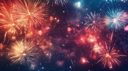 Fototapeta premium Festive fireworks fill the night sky with bursts of colorful explosions.