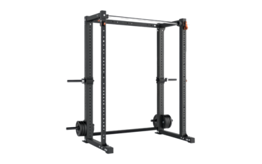 Black and silver weight lifting machine with a bar and weights