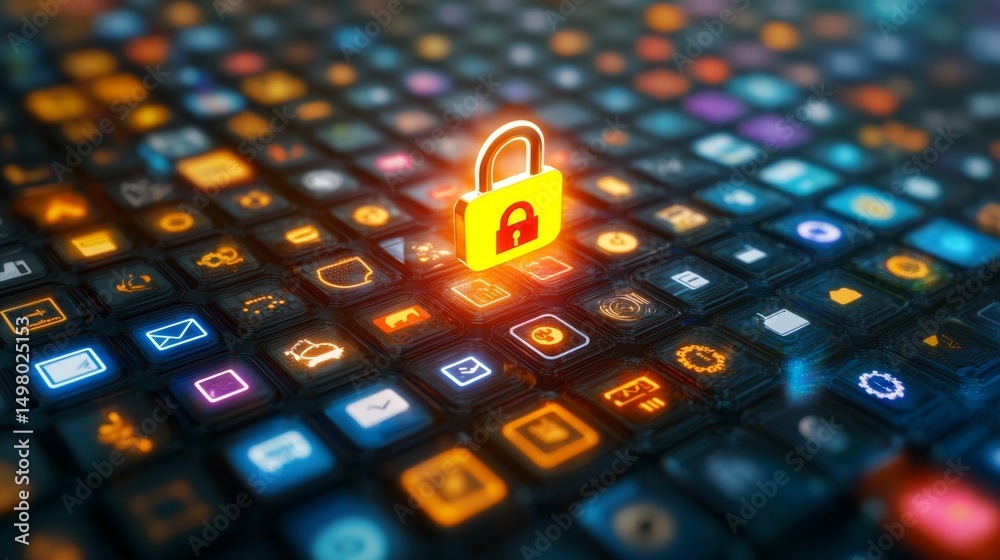 Poster floating glowing lock above tech icon grid in digital environment for cybersecurity concepts