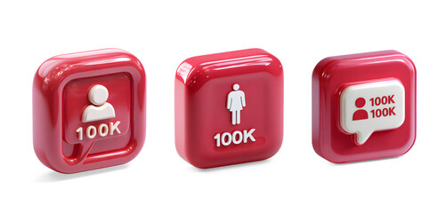 Three dimensional red icons representing social media followers isolated on transparent background