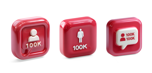 Three dimensional red icons representing social media followers isolated on transparent background