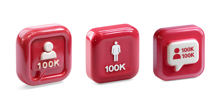 Three dimensional red icons representing social media followers isolated on transparent background - Powered by Adobe
