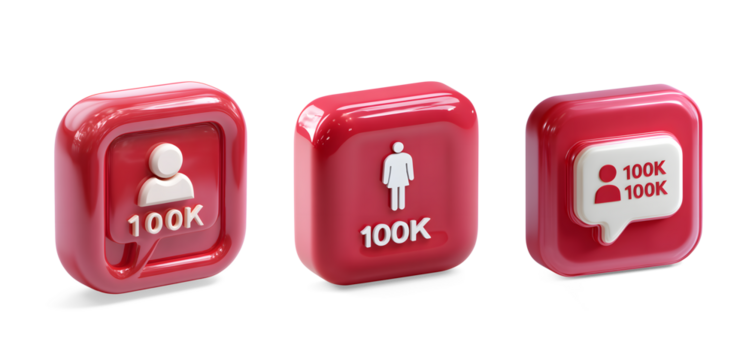 Three dimensional red icons representing social media followers isolated on transparent background