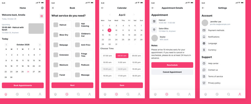 Hairdresser & Beauty Appointment, Salon Booking, Hair Stylist Scheduler & Reservation App Template Ui Kit