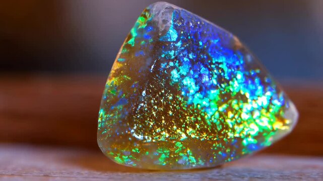Close-up of colorful opal stone shimmering with blue and green iridescence, showing gemstone's internal fire and mineral texture