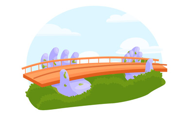Cartoon illustration of Golden Bridge in Vietnam, held by giant stone hands. Perfect for travel blogs, tourist guides, cultural content, and flat design projects