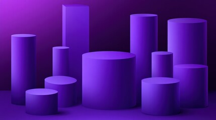 Purple cylinder podium scene with different sizes and shapes on a dark violet background