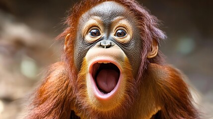 Portrait of a funny, cute baby orangutan with an open mouth, screaming in surprise and awe