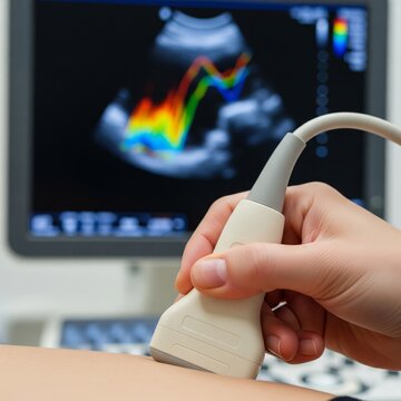 Linear ultrasound probe with doppler background. Linear ultrasound probe with doppler examination background on monitor
