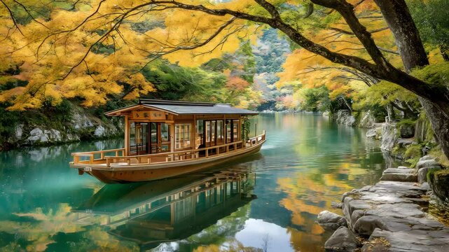 Japanese Momiji cruise experience Momiji season traditional riverboat, Momiji season traditional riverboat, Momiji season traditional riverboat gliding through autumn forest 