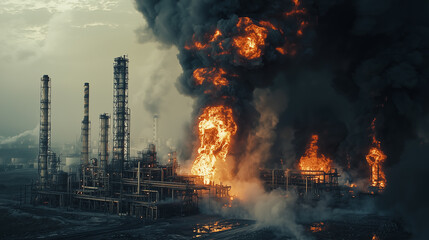 explosion at an industrial plant with black smoke and fire, ecological disaster, explosion at At a chemical plant, plumes of black smoke and fire rise high into the sky, generative ai