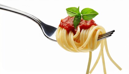 paghetti with sauce in fork isolated on white or white background