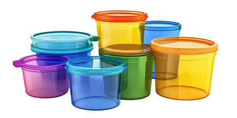 Colorful plastic containers with lids on a transparent background Concept of food storage, organization, and kitchenware