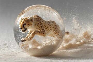Obraz premium A transparent glass sphere featuring a lifelike cheetah sprinting inside on a sandy beige background, high-speed wildlife action shot