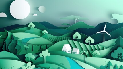 Naklejka premium Paper Art Depiction of a Green Landscape with Wind Turbines