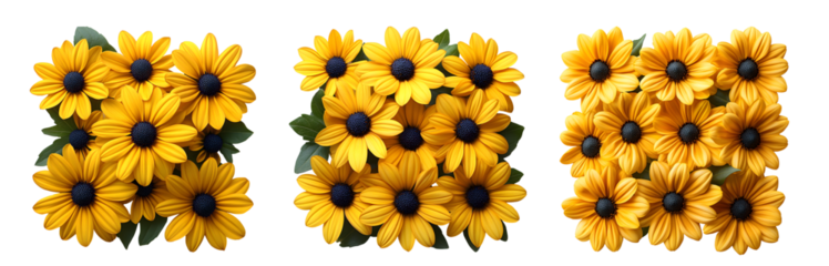 Three square arrangements of yellow rudbeckia flowers isolated on transparent background