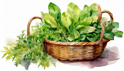 Naklejka premium watercolor wicker baskets with fresh greens greens for cooking arugula sorrel lettuce and niche green products rural and farm fresh greens concept illustration