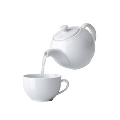 Water pours from a white ceramic teapot into a matching cup against a clean white backdrop creating a simple yet elegant and minimalist visual aesthetic.