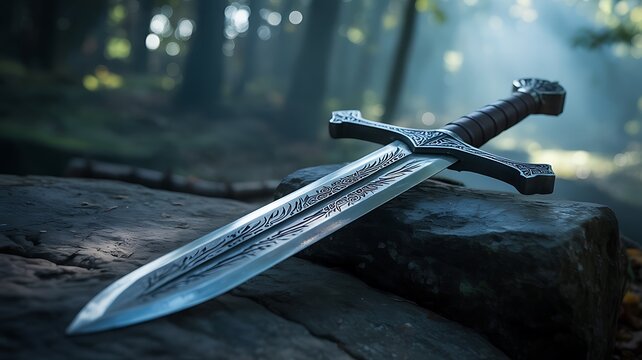 Fantasy Sword with Ornate Engravings on Tree Stump in Mystical Foggy Forest - Powered by Adobe