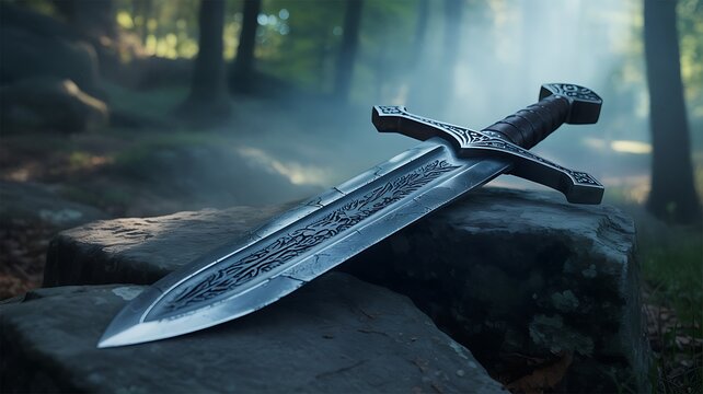 Fantasy Sword with Ornate Engravings on Tree Stump in Mystical Foggy Forest - Powered by Adobe