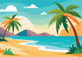 Tropical beach with palm tree summer vacation vector illustration.