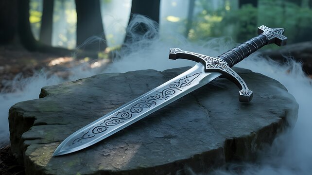 Fantasy Sword with Ornate Engravings on Tree Stump in Mystical Foggy Forest - Powered by Adobe