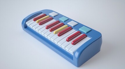 Isolated 3D render of musical toy keyboard with colorful keys angled slightly on seamless white background