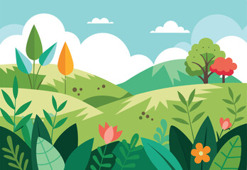 spring and summer meadow flowers and tree vector illustration landscape background.
