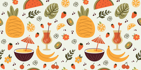 summer vibe. seamless pattern of cute design. Hand, abstract simple, summer  flowers, watermelon, lemon, strawberry, coconut, banana, monstera, pineapple. Naive pink art,  vector illustration