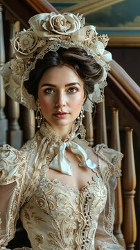 Fashion reenactment with detailed costumes from the 1700s Selective focus