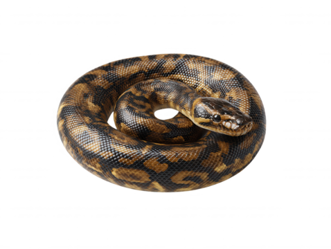 A coiled python, showcasing its intricate brown and black markings, is isolated against a pure white background, highlighting its unique scale pattern and beauty.