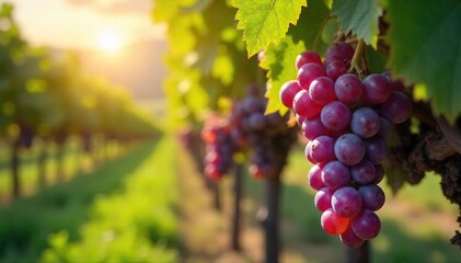 Naklejka premium Sun-drenched grapes hang heavy on the vine, ready for harvest and the transformation into delicious homemade grapevine wine A picturesque scene of rural winemaking , sun, grape juice