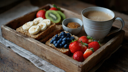 Kefir Smoothie Breakfast Tray Sliced Fruits Healthy Eating Wooden Surface Delicious Morning Meal Nutritious Food Lifestyle Wellness Dietary Balance
