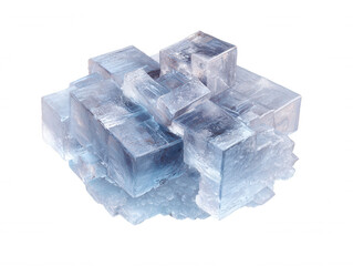 Obraz premium A cluster of translucent blue cubic crystals interlock tightly creating an abstract geometric formation against a stark white background under soft even lighting.