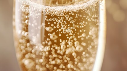 Close-up of champagne in a glass with bubbles, celebratory and elegant.