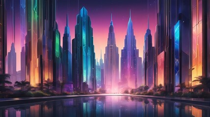Obraz premium A colorful cityscape featuring towering buildings reflected in water under a vibrant gradient sky, creating a futuristic and artistic urban scene - A Digital Art Wallpaper