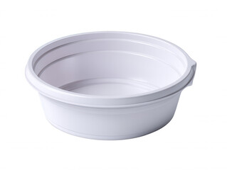 An empty round white plastic wash basin used for cleaning or storage is displayed against a clean white background in this eye-level studio shot photograph.