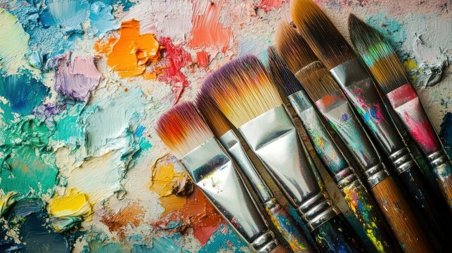 Paintbrushes and colorful paint palette. Artistic, vibrant, and creative.