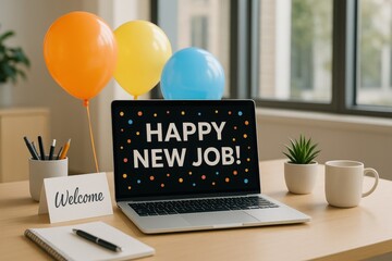 Welcome Message With Confetti On Laptop And Balloons For New Job