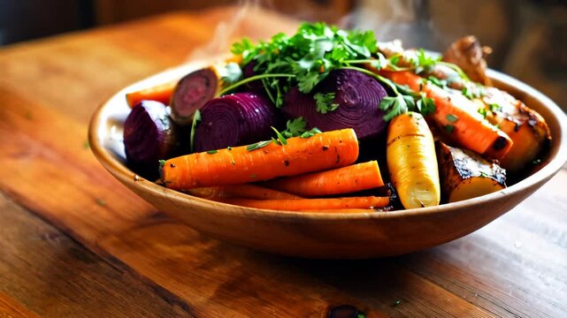Steaming roasted root vegetables in wooden bowl, including carrots, beets, potatoes, onions, parsley garnish, rustic background