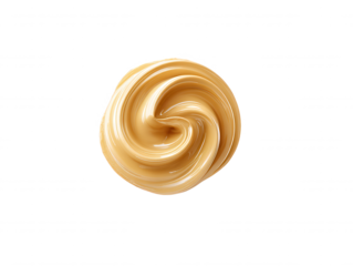 An abstract, swirled dollop of golden-beige creamy liquid product is isolated on a plain white background in a clean, top-down studio shot providing simple elegance.