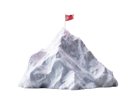 Snowy mountain peak is seen with a red flag planted at the summit signifying achievement and success, isolated on a white background, representing victory.