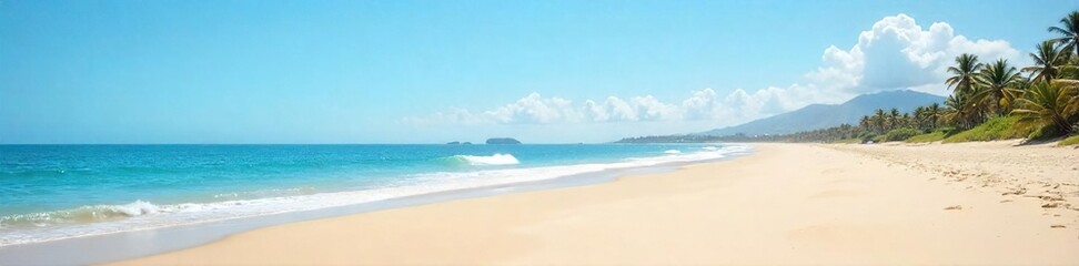 Obraz premium Vast, empty beach stretches to the horizon under a clear sky Fine sand, gentle waves lap the shore, untouched and serene Perfect for relaxation and contemplation A tranquil escape , pure, deserted
