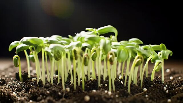 Timelapse of growing plants of basil with lens flare. Alfalfa grows dynamically. The birth of a new life in nature. Cutting a sprout through the ground. High quality 4k footage