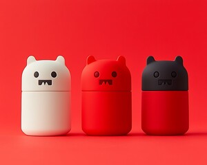 Three colorful cartoon-like figures on a red background