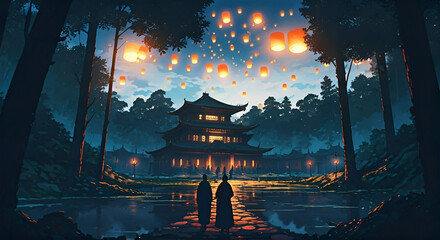 "Monks Walking Toward a Glowing Temple Under a Sky of Floating Lanterns"
