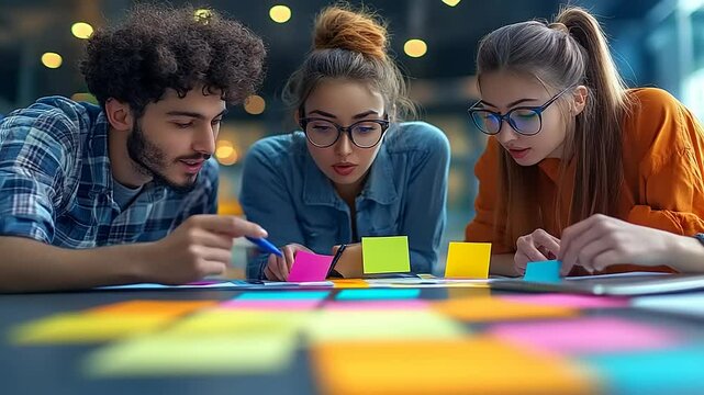 Creative team brainstorm ideas using sticky notes for agile project management session
